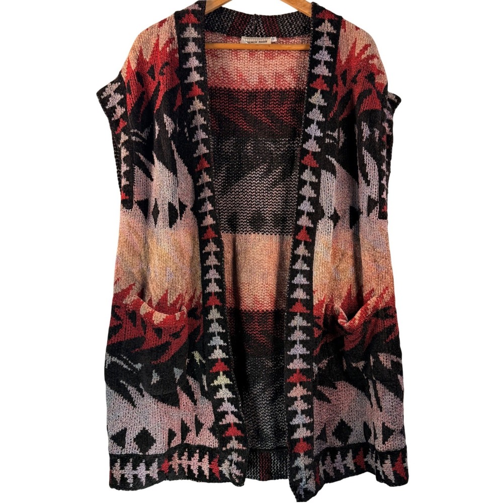 Vintage FRENCH RAGS Southwest Native Sleeveless Long Cardigan Sweater Vest Aztec